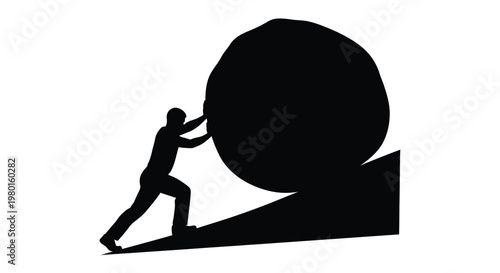 Sisyphus pushing a massive boulder up a steep hill in a classic Greek myth scene