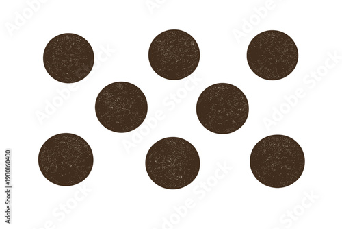 Eight dark brown textured circles with a grainy, vintage feel arranged in a grid-like pattern on a clean white background. Minimalist flat vector illustration for modern graphic design and web.