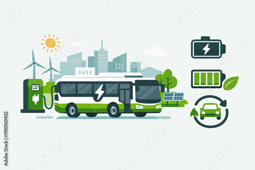 Electric bus charging at a station in a sustainable city with wind turbines, solar panels, and battery icons, representing eco-friendly urban public transportation and renewable energy solutions.