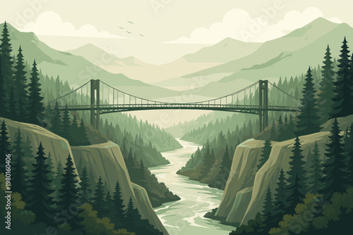 Flat Vector Illustration of a Scenic Suspension Bridge Spanning a Deep Gorge with a Winding River, Lush Pine Forest, and Majestic Mountains in a Serene Nature Landscape Background Design.