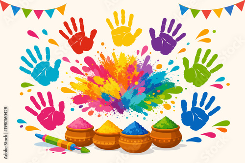Vibrant Holi Festival Celebration Vector Illustration Featuring Colorful Handprints, Clay Pots with Gulal Powder, Pichkari Water Gun, and Festive Splash Background for Indian Spring Holiday.