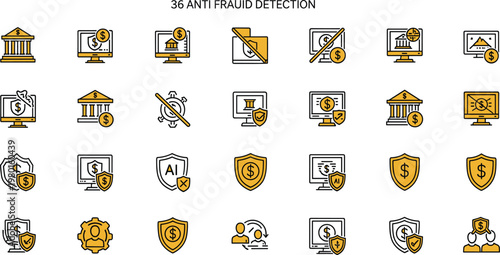 Anti fraud detection and financial security line icon set featuring payment protection cybersecurity monitoring banking risk prevention