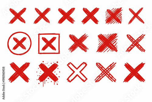 Red Cross X Mark Set with Hand Drawn Delete Symbols, Cancel and Wrong Icons for UI Design, Vector Illustration of Grungy Brush Stroke Crosses, Rejection Marks, and Error Signs on White