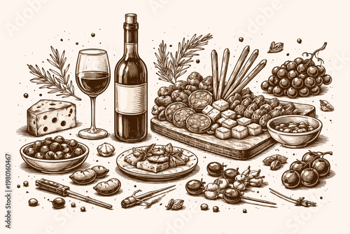 Vintage Hand-Drawn Wine and Appetizers Sketch Featuring a Wine Bottle, Glass, Cheese, Olives, Grapes, and Charcuterie Board in Monochrome Engraving Style for Retro Poster and Wall Art Decor
