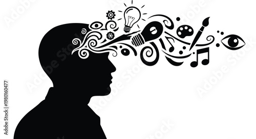 Creative thinking and inspiration flowing from a person's mind in a vector graphic illustration