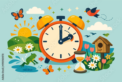 Spring Forward Daylight Saving Time Illustration Featuring a Large Alarm Clock, Blooming Flowers, Birds, Butterflies, and a Bright Sun in a Flat Vector Style for Seasonal Time Change Awareness
