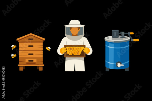 Flat vector illustration set of beekeeping equipment including a wooden beehive with flying bees, a beekeeper in a white protective suit holding a honeycomb frame, and a blue honey extractor tank.