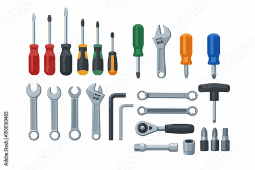 Professional Hand Tool Set Illustration with Screwdrivers, Adjustable Wrenches, Spanners, Ratchet, and Sockets, Flat Vector Icons for Hardware, Construction, DIY Repair, and Workshop Design.
