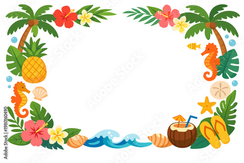 Tropical Summer Frame Border with Palm Trees, Pineapple, Seahorses, Hibiscus Flowers, Coconut Drink, Flip-flops, and Sea Shells. Flat Vector Illustration for Coastal Vacation and Beach Party Themes.