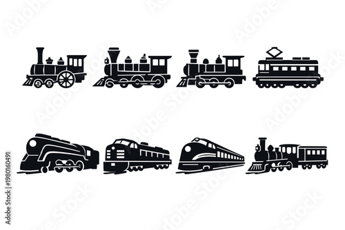 Collection of train engine flat vector icons featuring vintage steam locomotives, classic diesel engines, and modern high-speed railway transport silhouettes for graphic design and logos.