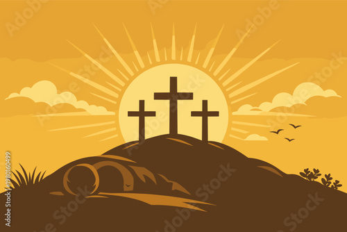 Vector illustration for Easter Sunday featuring three crosses on Calvary hill with an empty tomb and the stone rolled away under a bright rising sun with rays, representing the resurrection.