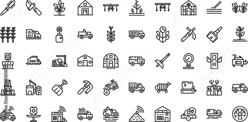 Agriculture farming and rural industry line icon set featuring tractor crops harvest minimal outline vector collection