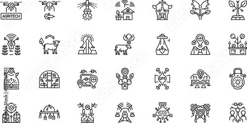 Agritech and smart agriculture outline icon set with drones livestock monitoring greenhouse automation and precision farming technology symbols