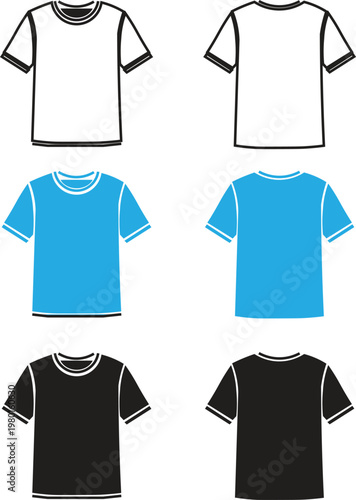 Blank t-shirt vector mockup set, front and back view apparel templates in white, blue and black, casual short sleeve shirt technical drawings