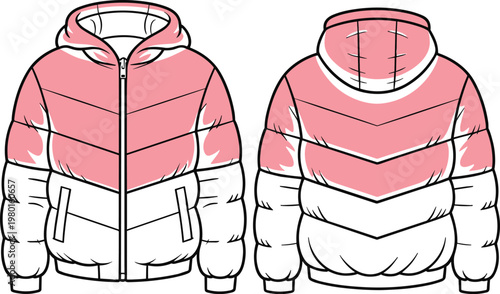 Front and Back View of a Pink and White Puffer Jacket with Chevron Pattern coat down jacket