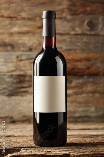 Black glass wine bottle with blank white label on wooden table â€” presentation-ready mockup for branding