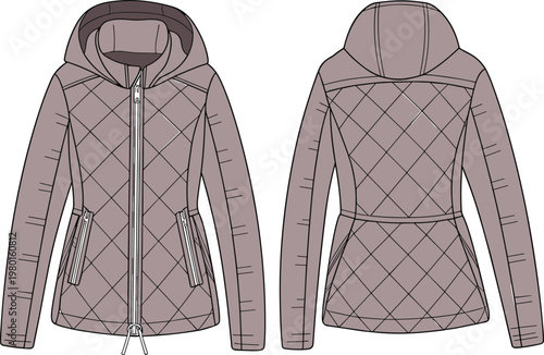 Front and Back View of a Quilted Hooded Jacket with Zippers and Drawstring coat outerwear