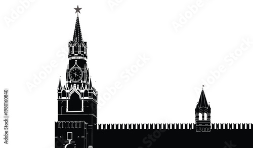 A striking black and white depiction of spires and walls of moscow s kremlin capped with a vibrant red star in silhouette high quality