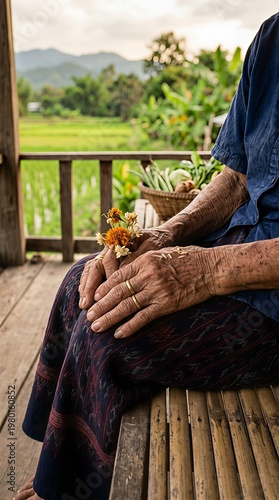 Wrinkled Hands of Old Woman on Traditional Wooden Porch