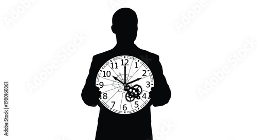 Silhouette of a man holding a large clock with exposed gears and hands
