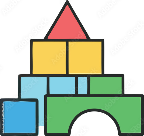 Colorful wooden toy blocks building a castle, geometric play set vector, nursery education icon