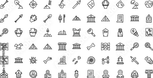 Archaeology and historical artifacts outline icon set with excavation tools ancient monuments fossils and cultural heritage symbols for education