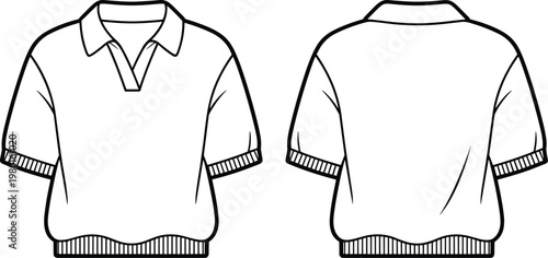 Front and back view of a short-sleeved polo shirt with striped cuffs and hem t-shirt garment