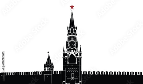 A striking black and white illustration depicts the iconic spires of moscow s kremlin highlighted by a prominent red star as a silhouette