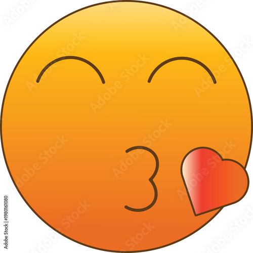 Kissing face emoji with red heart, yellow blowing kiss emoticon vector, romantic love expression icon for social media messaging