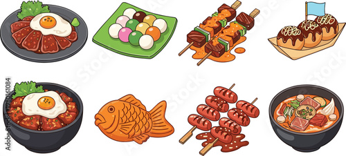 Asian Street Food and Traditional Dishes Collection Including Skewers Rice Bowls Fish Cake and Sweet Desserts Vector Illustration
