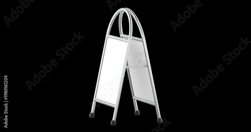 Blank sidewalk sign, sandwich board with metallic frame, rotation animation seamlessly loopable. 3D rendering isolated on transparent background