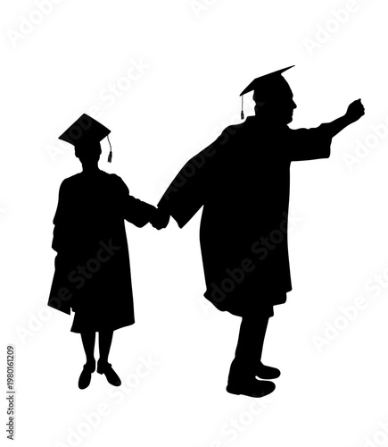 Graduating man guiding graduation girl to future education, silhouette. Vector illustration