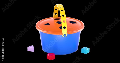 Baby shape sorter bucket, rotation animation seamlessly loopable. 3D rendering isolated on transparent background