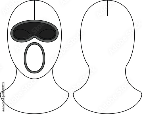 Front and back view of a white balaclava with grey eye mask and opening headwear accessory