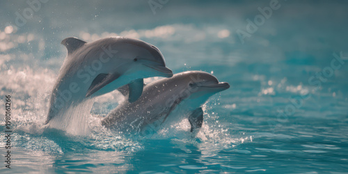 Playful dolphins jumping in clear blue ocean water. Marine wildlife