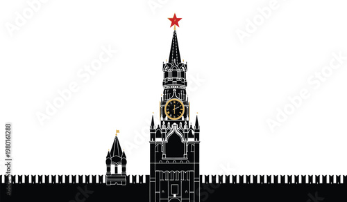 A striking depiction of the spired moscow kremlin against a stark white backdrop showcasing its iconic architecture as a silhouette high quality professional detailed