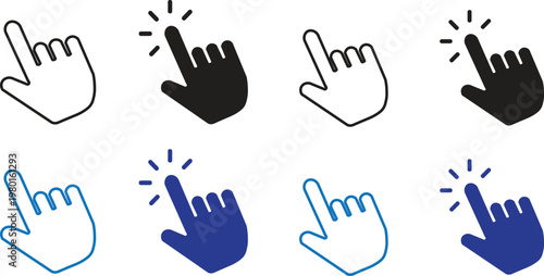 Minimalist hand cursor icon set, black and blue clicking finger pointers, 8 vector web navigation elements for digital interface design