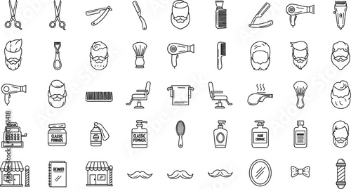 Barbershop and grooming outline icon set with haircut tools beard styles salon equipment and shaving accessories for design use