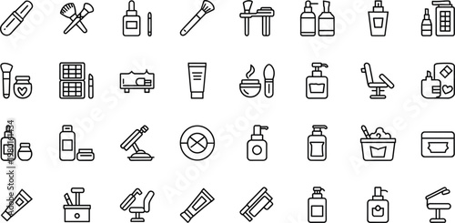 Beauty and cosmetics line icon set featuring makeup tools skincare products salon minimal outline vector collection