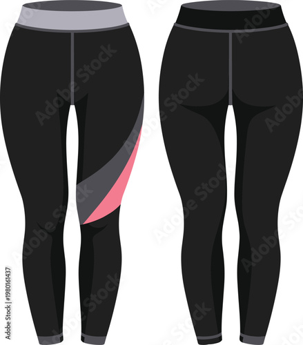 Front and Back View of Black Athletic Leggings with Pink and Gray Accents workout pants activewear