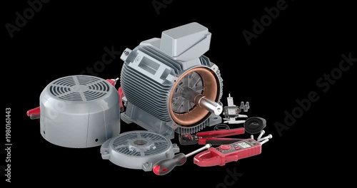 Electric motor repair set, rotation animation seamlessly loopable. 3D rendering isolated on transparent background