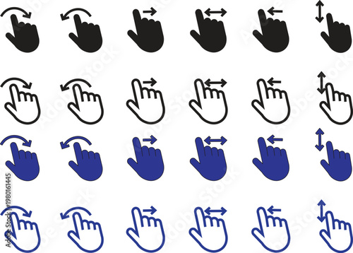 Touchscreen hand gesture icons, 24 vector finger swipe and tap symbols, mobile app navigation interface elements in black and blue