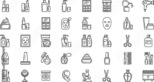 Beauty and cosmetics line icon set featuring skincare makeup salon minimal outline vector collection