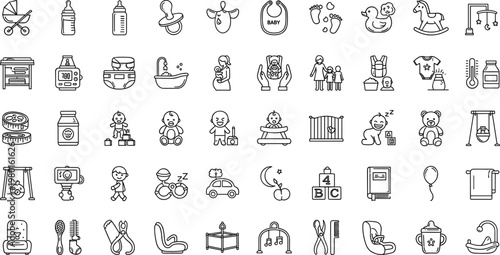 Baby care and childcare outline icon set with newborn items toys feeding accessories and parenting symbols for family applications