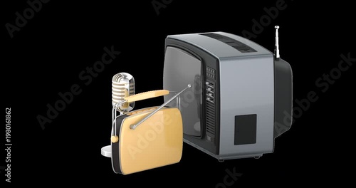 Retro television, radio and vintage microphone, rotation animation seamlessly loopable. 3D rendering isolated on transparent background
