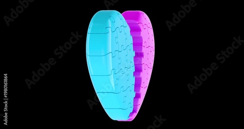 Pink and blue puzzle heart halves, rotation animation seamlessly loopable. 3D rendering isolated on transparent background