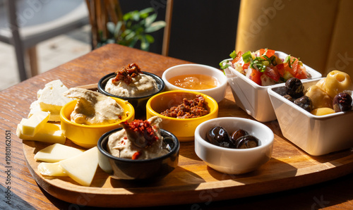 Foto Breakfast appetizer snacks including cheese, hummus, pickled olives
