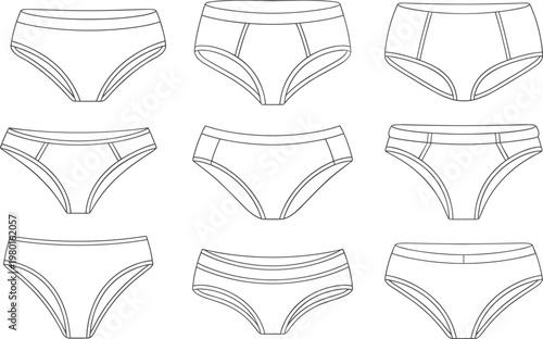 Nine different styles of women's underwear briefs shown from the front on a white background panties