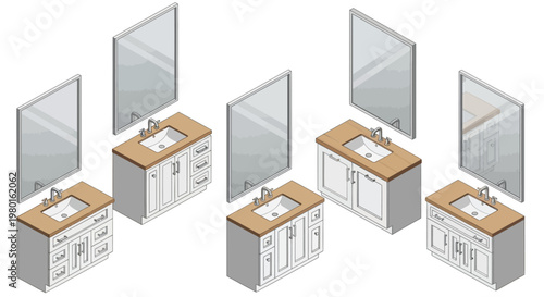 Isometric illustration depicts multiple bathroom vanity setups with sinks cabinets and rectangular mirrors