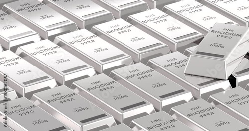 Rhodium bullion bars background animation with camera flyover. 3D rendering